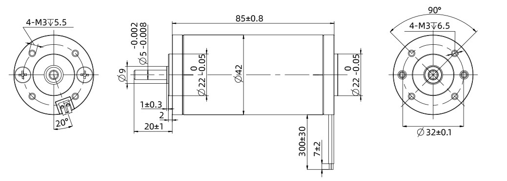 Brush DC Motor Size 42mm Dimensional Drawing